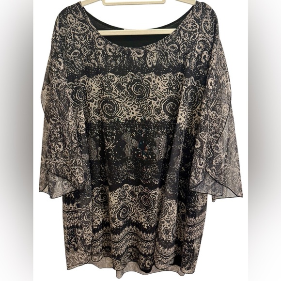 SESE CODE Women's Black and Tan‎ Flutter Sleeve Blouse – Size 3XL FLowy Lined - Picture 2 of 11